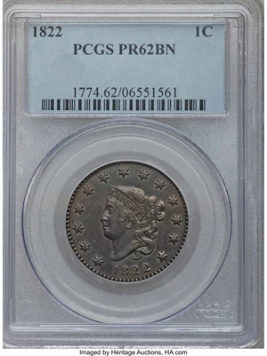 image for: 1822 1C PR62 Brown PCGS. N-10, R.7 as a Proof....