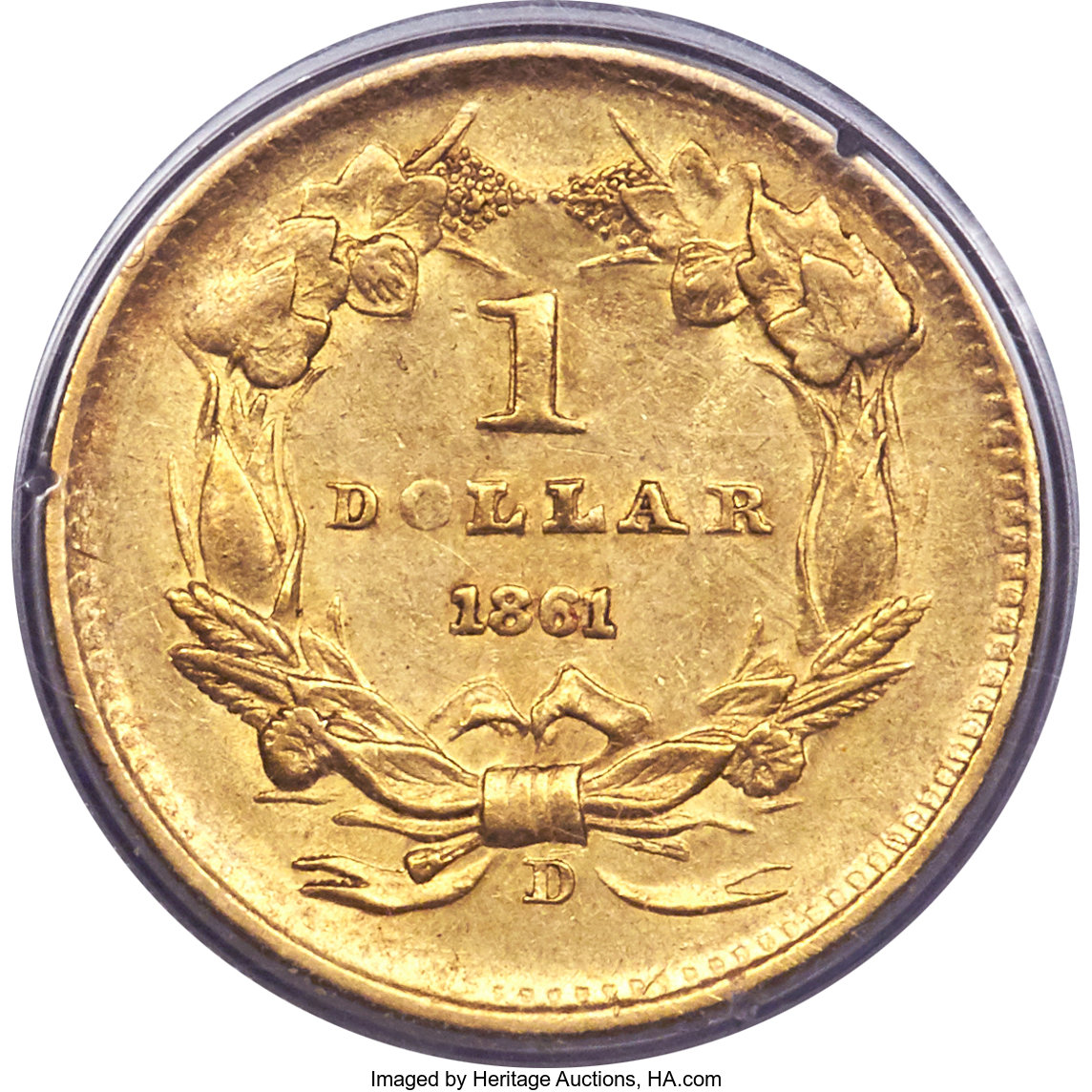 image for: 1861-D G$1 AU50 PCGS. Gold CAC. Variety 12-Q....