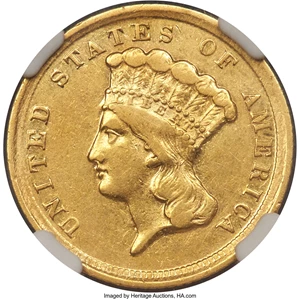 image for: 1854-D $3 AU50 NGC. Variety 1-A....