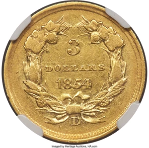 image for: 1854-D $3 AU50 NGC. Variety 1-A....