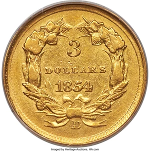 image for: 1854-D $3 AU53 PCGS. Variety 1-A....
