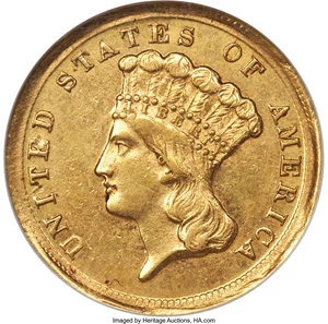 image for: 1854-D $3 MS60 NGC. Variety 1-A....