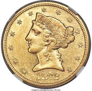 image for: 1872-CC $5 AU55 NGC. Variety 1-B....