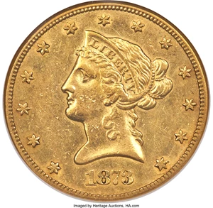 image for: 1873-CC $10 AU53 NGC. Variety 2-A....