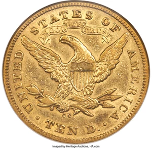 image for: 1873-CC $10 AU53 NGC. Variety 2-A....