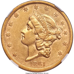 image for: 1861-S $20 Paquet AU53 NGC....