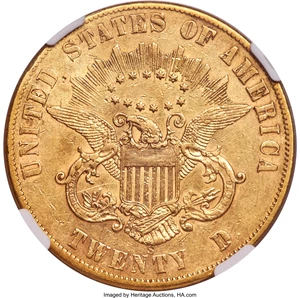 image for: 1861-S $20 Paquet AU53 NGC....