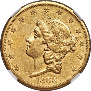 image for: 1866-S $20 No Motto AU53 NGC....