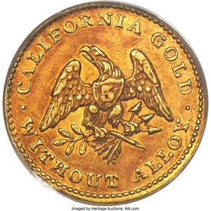 image for: 1849 $5 Norris, Gregg, & Norris Five Dollar, Plain Edge, Period After Alloy, AU58 PCGS. CAC. K-2, R.5....