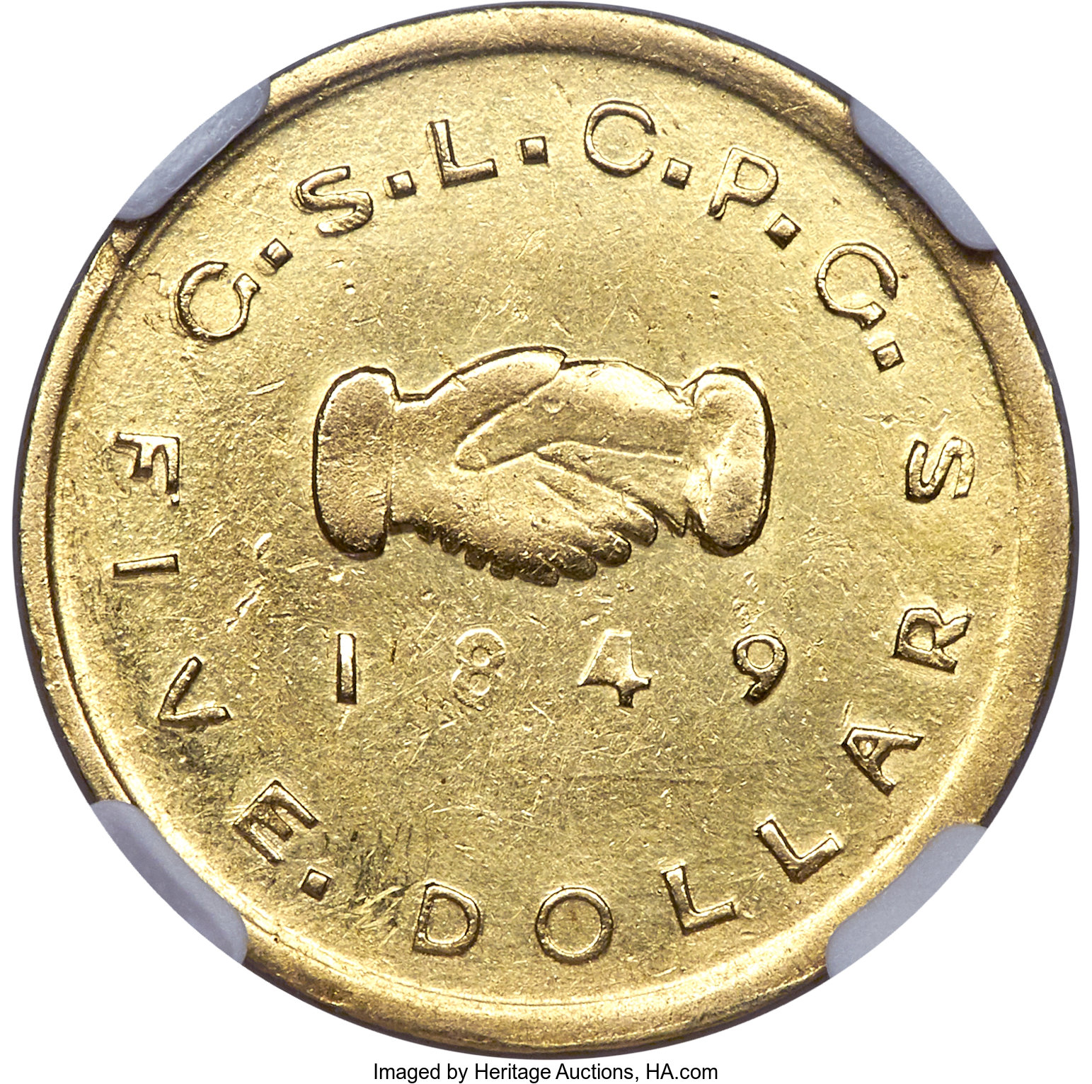 image for: 1849 $5 Mormon Five Dollar AU58 NGC. K-2, R.5....