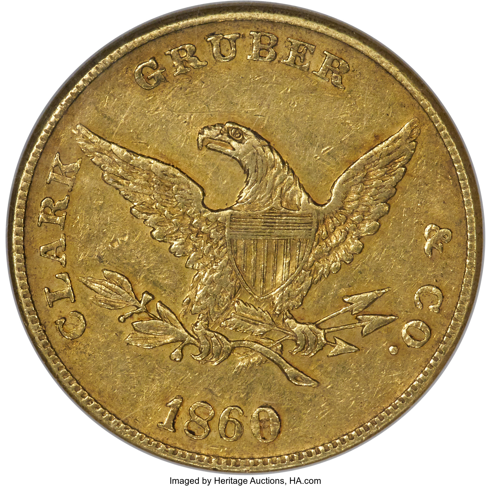image for: 1860 $10 Clark, Gruber & Co. Ten Dollar AU58 NGC. K-3, R.5....