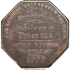 image for: 1900 $1 Lesher Dollar, First Type, Silver, Serial #75, Z-1, HK-787, R.6, VF20 PCGS....