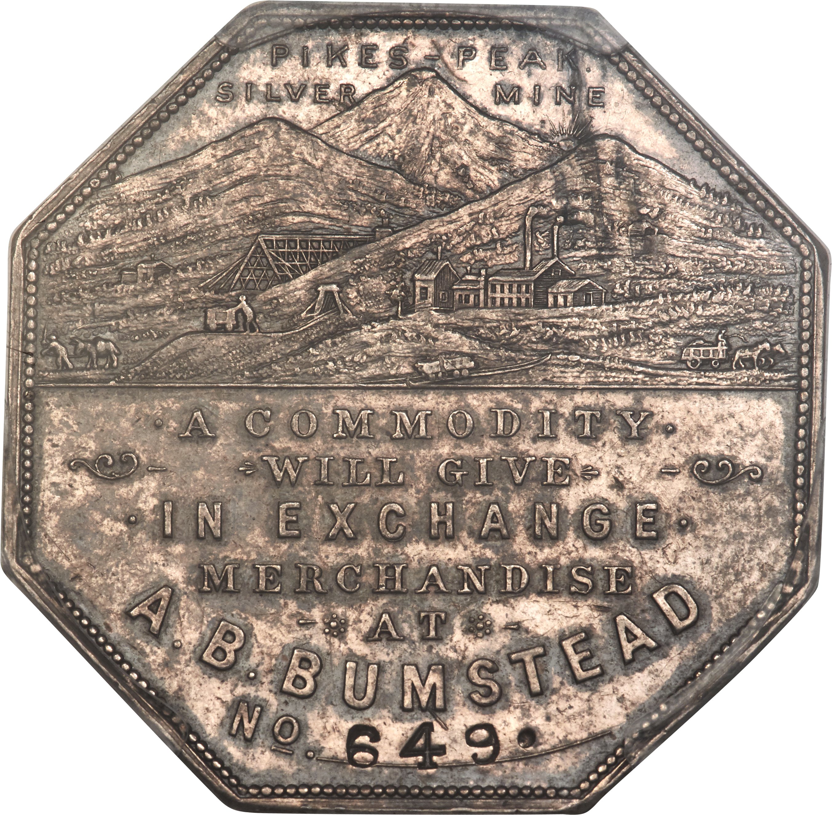 image for: 1900 $1 Lesher Dollar, A.B. Bumstead, Type Two, Serial #649, Silver, Z-3, HK-789, R.5, MS62 PCGS....