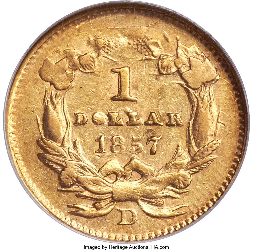 image for: 1857-D G$1 AU50 NGC. Variety 9-L....