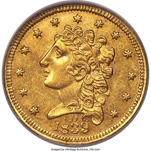 image for: 1839-D $2 1/2 AU55 PCGS. CAC. Winter 1-A, Variety 26, R.3....