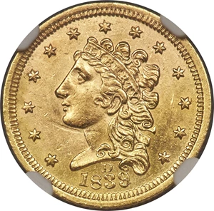 image for: 1839-D $2 1/2 AU58 NGC. Winter 1-A, Variety 26, R.3....