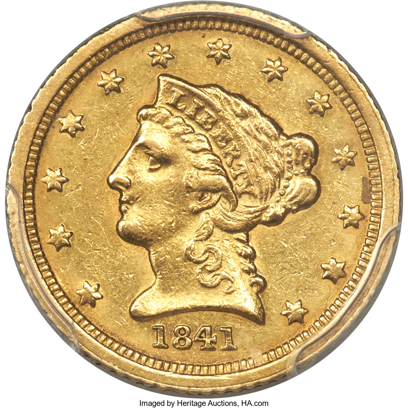 image for: 1841-C $2 1/2 -- Reverse Planchet Lamination -- AU53 PCGS. Variety 1....