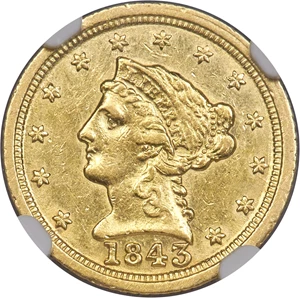 image for: 1843-C $2 1/2 Large Date, Plain 4, AU53 NGC. Variety 1....