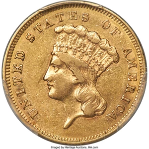 image for: 1855-S $3 AU53 PCGS. CAC....