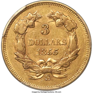 image for: 1855-S $3 AU53 PCGS. CAC....