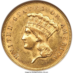 image for: 1857 $3 AU58 NGC. CAC....
