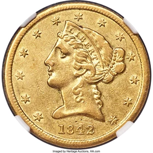 image for: 1842 $5 Small Letters AU53 NGC....