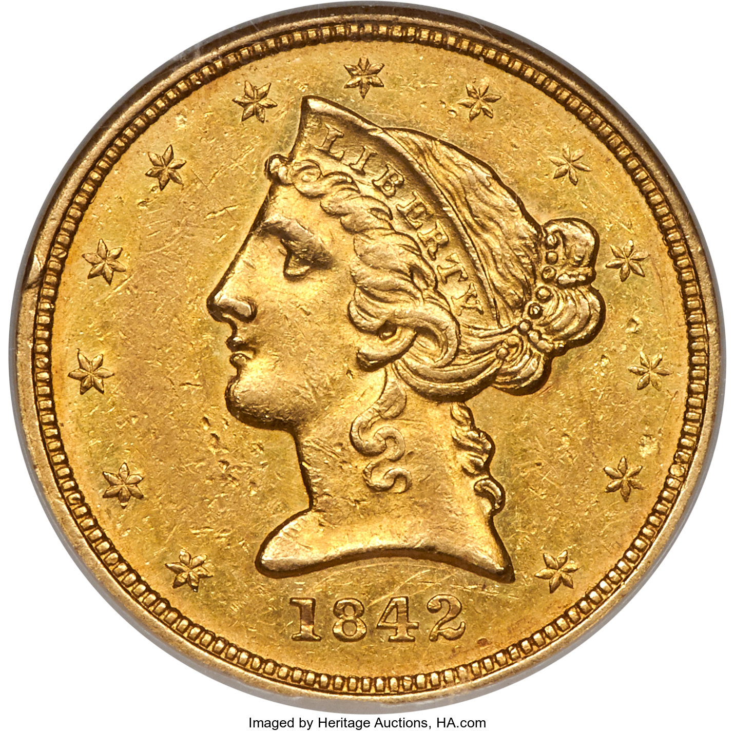 image for: 1842-D $5 Small Date AU55 NGC. Variety 7-E....