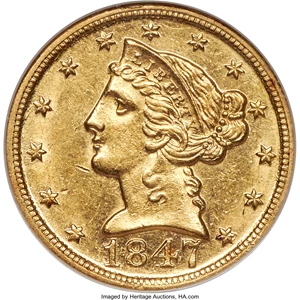 image for: 1847-D $5 AU58 NGC. Variety 19-I....