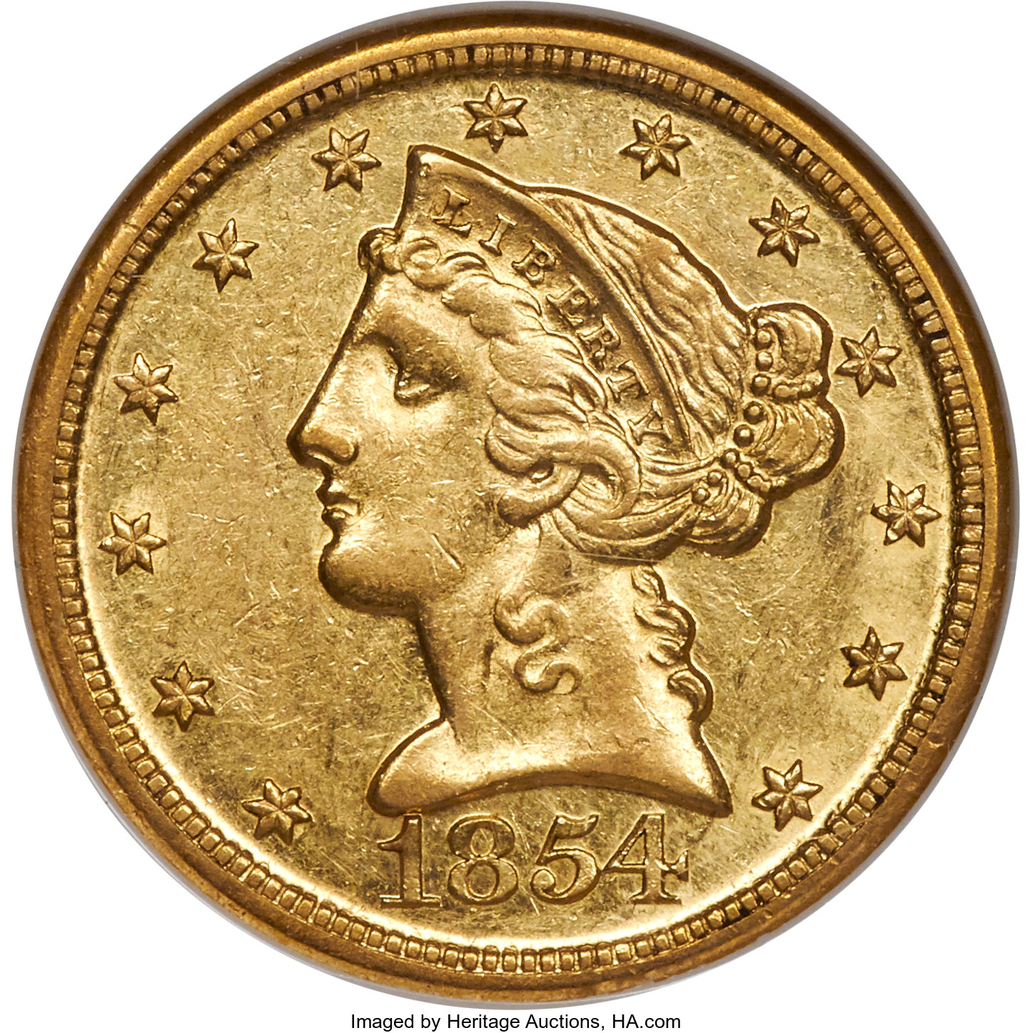 image for: 1854-D $5 Large D AU58 NGC. CAC. Variety 36-AA....