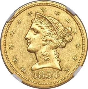 image for: 1854-O $5 AU58 NGC. Variety 1....