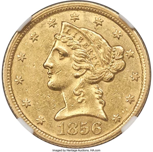 image for: 1856-C $5 AU58+ NGC. Variety 1....
