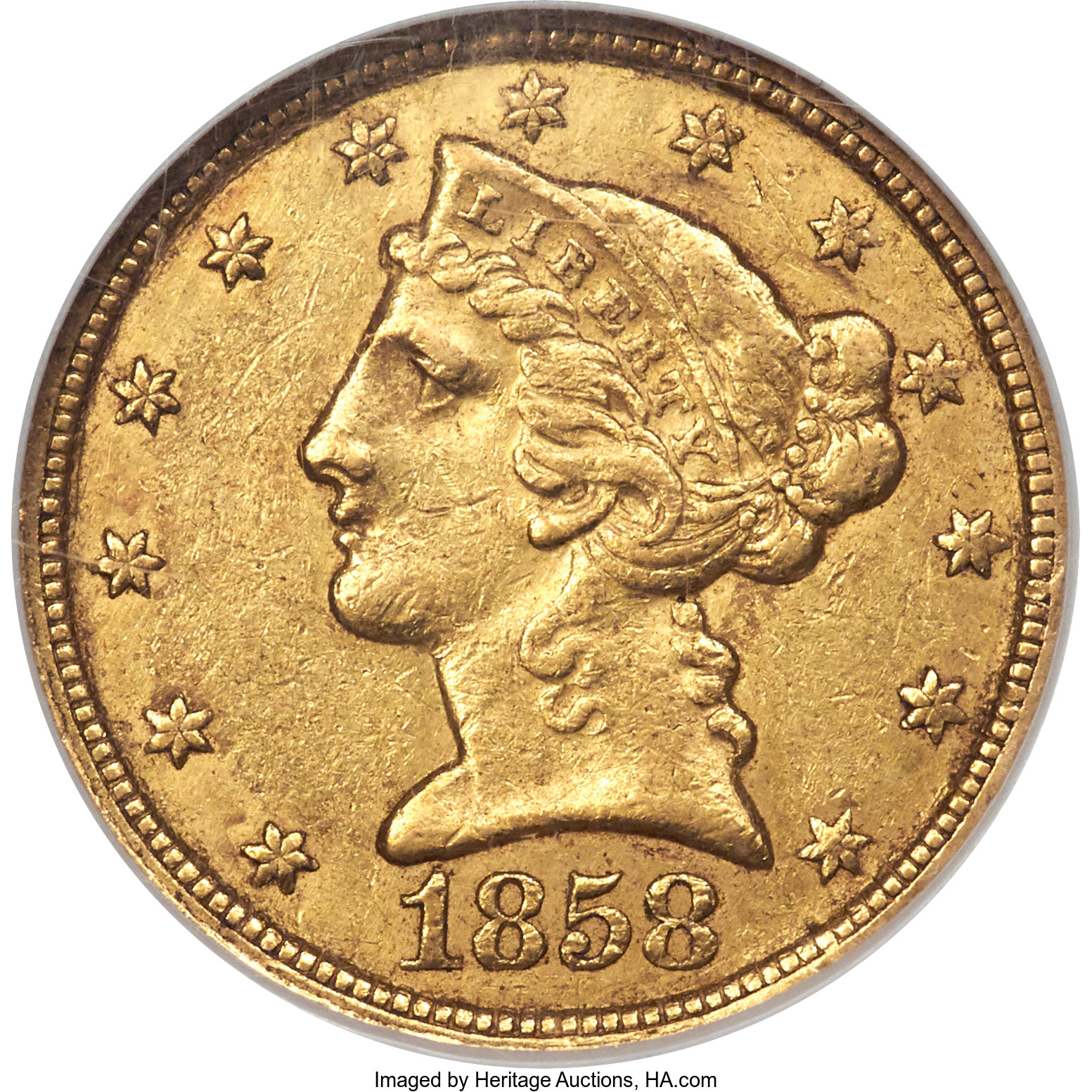 image for: 1858-C $5 AU55 NGC. CAC. Variety 2....