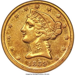 image for: 1859-D $5 Medium D XF40 PCGS. Variety 44-HH....