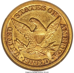 image for: 1859-D $5 Medium D XF40 PCGS. Variety 44-HH....