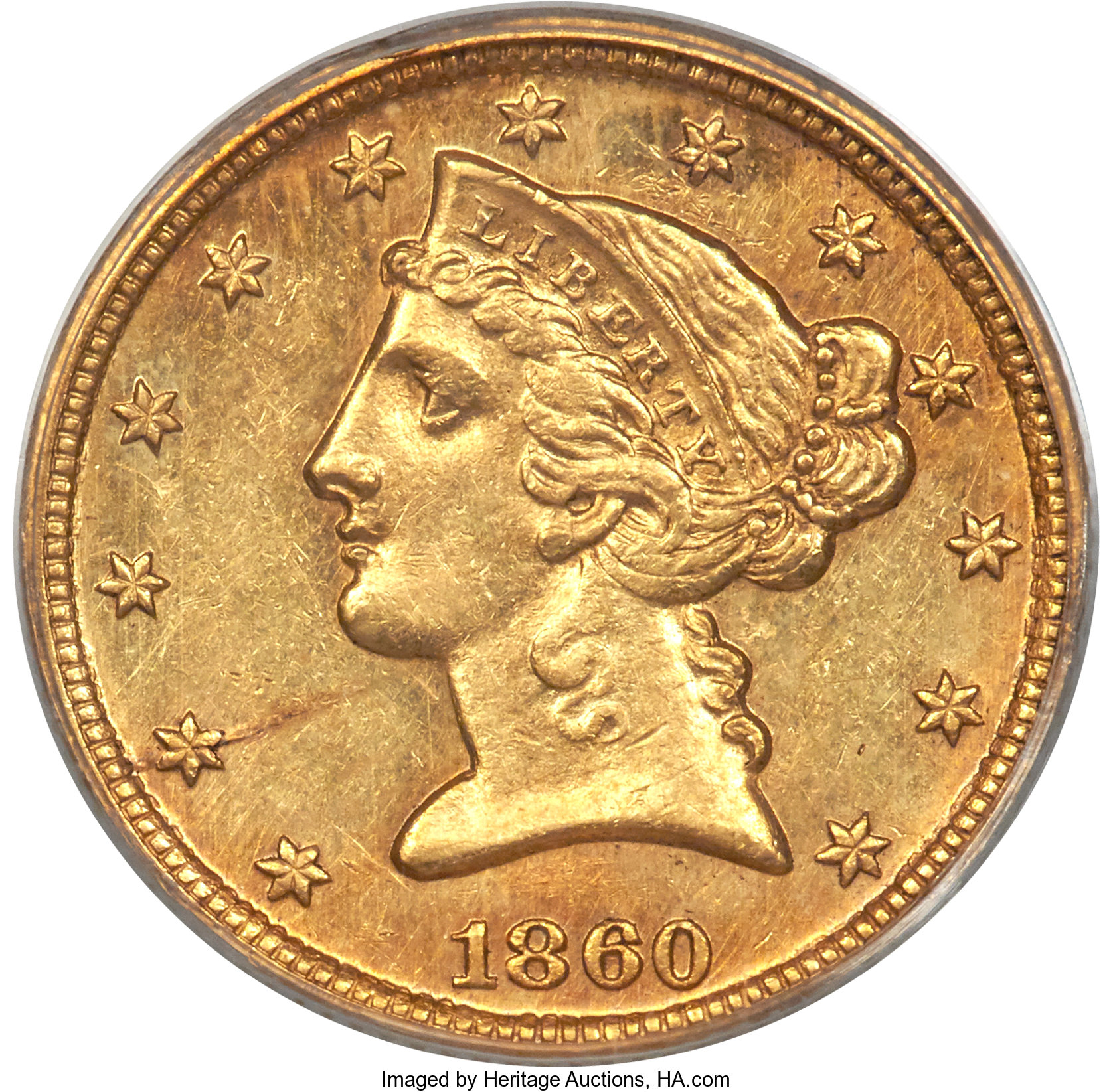 image for: 1860-C $5 MS62 PCGS. Variety 1....