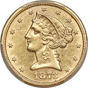 image for: 1873-S $5 AU58 PCGS....