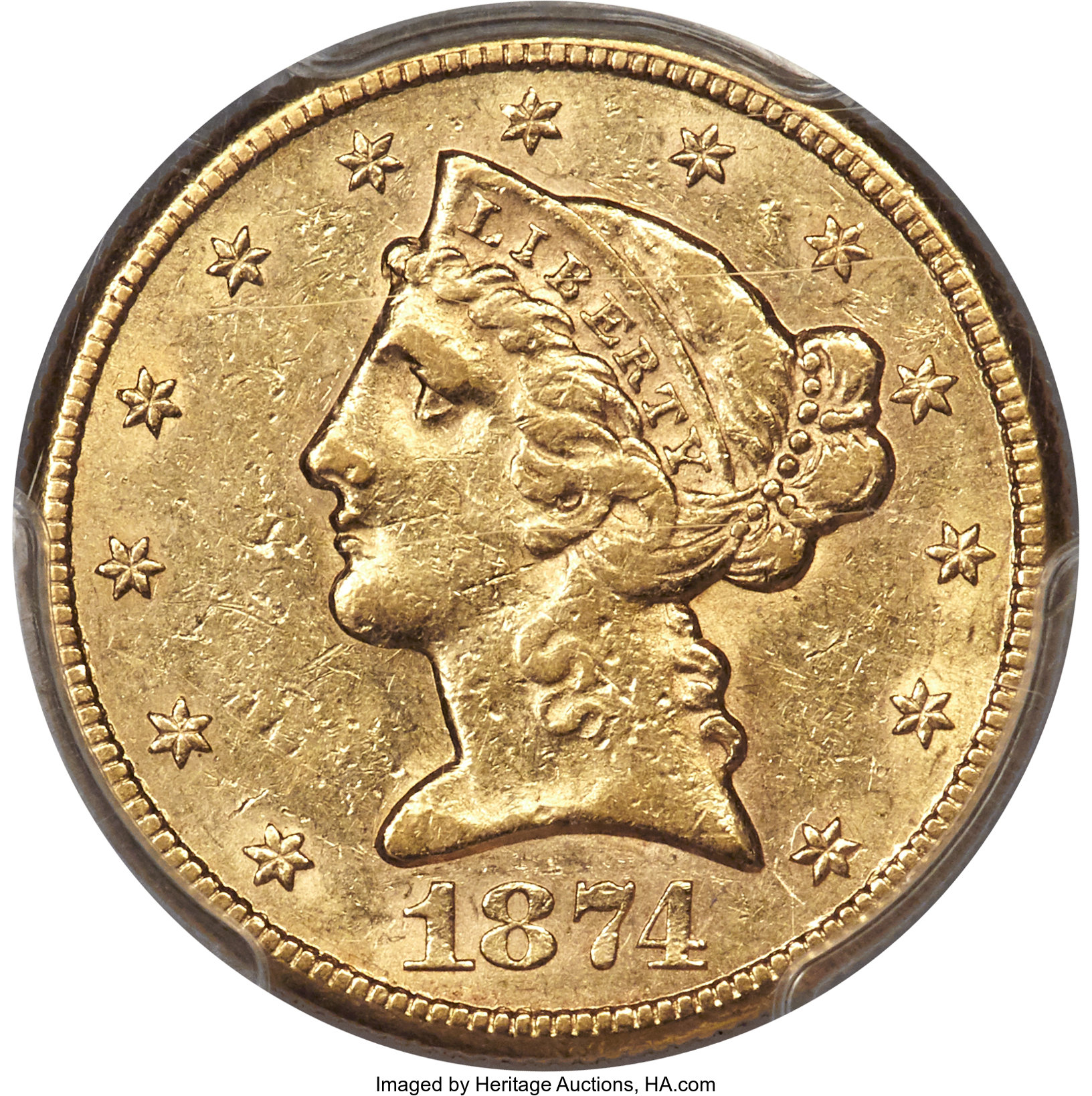 image for: 1874-CC $5 AU50 PCGS. CAC. Variety 1-C....