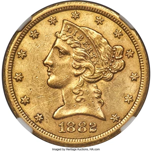 image for: 1882-CC $5 AU58 NGC. Variety 1-A....