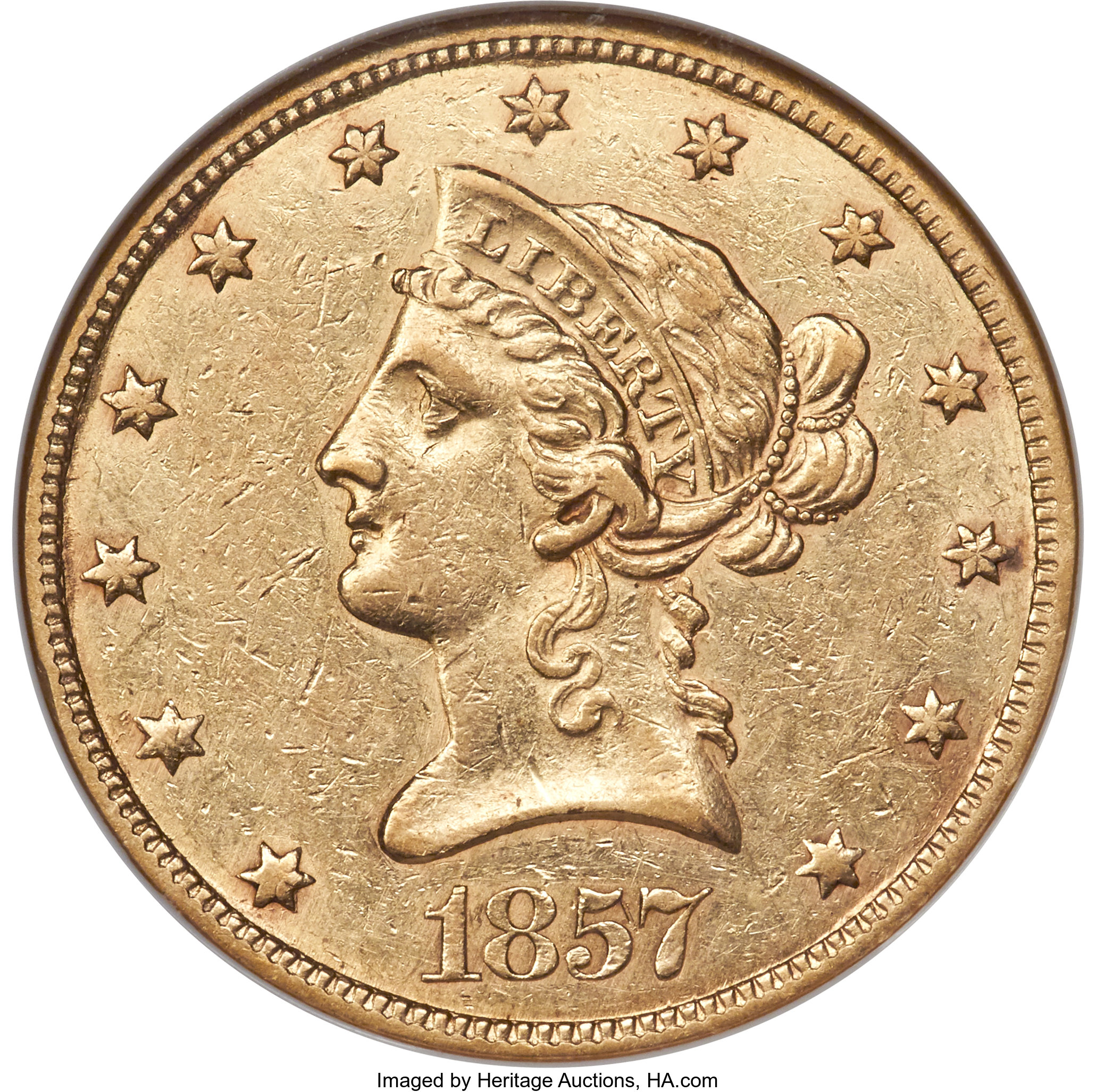 image for: 1857 $10 AU58 NGC....