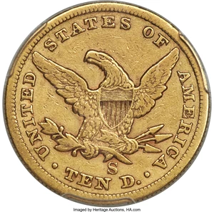 image for: 1865-S $10 865 Over Inverted 186 VF35 PCGS. CAC....