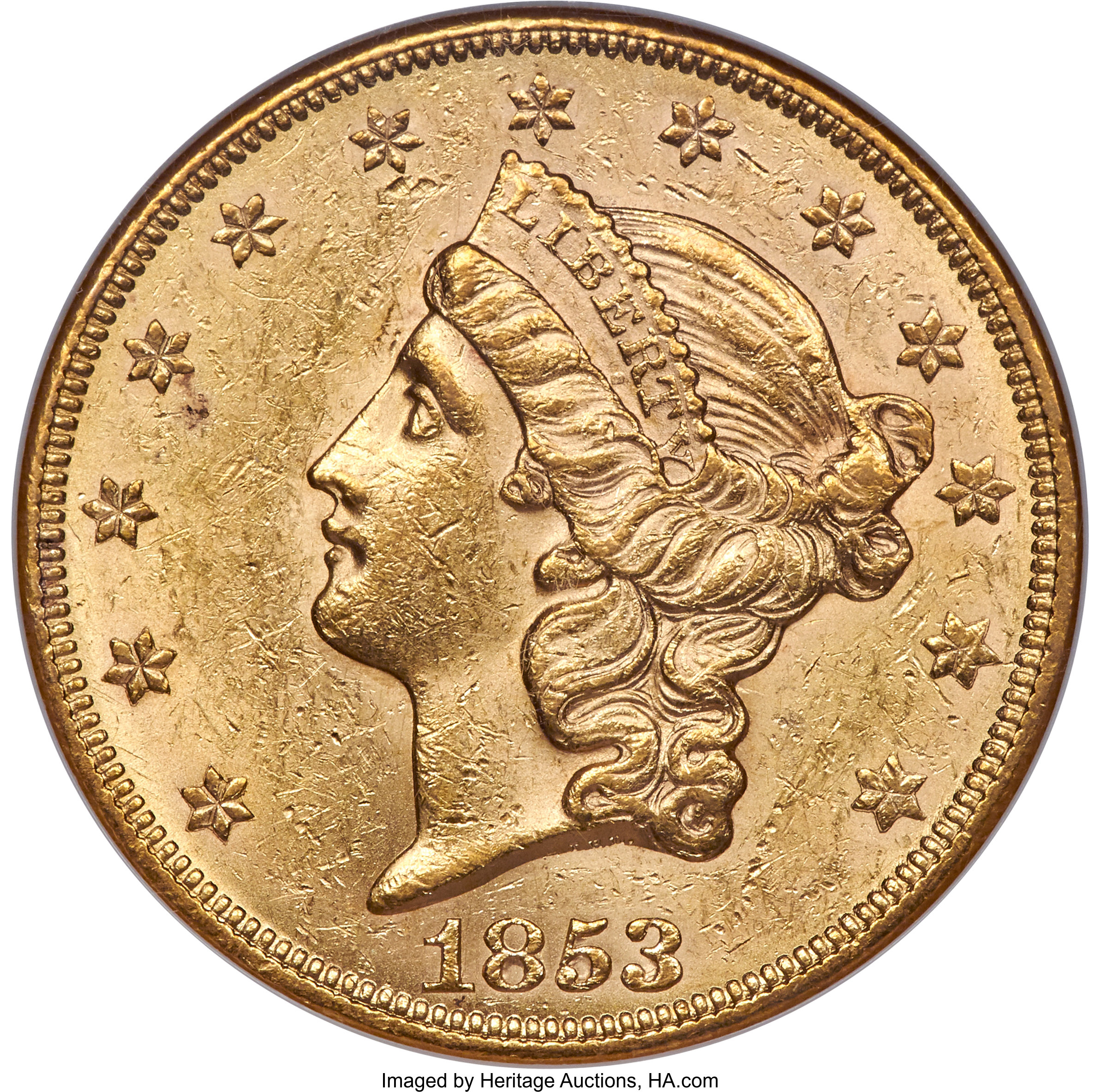 image for: 1853/2 $20 AU58 NGC....