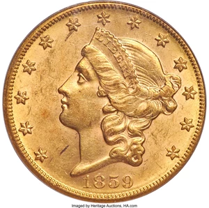 image for: 1859-S $20 AU58 PCGS....