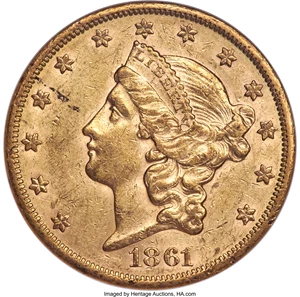 image for: 1861-S $20 AU55 NGC....