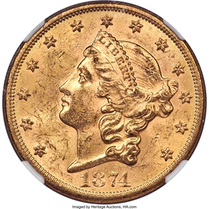 image for: 1874-S $20 MS62 NGC....
