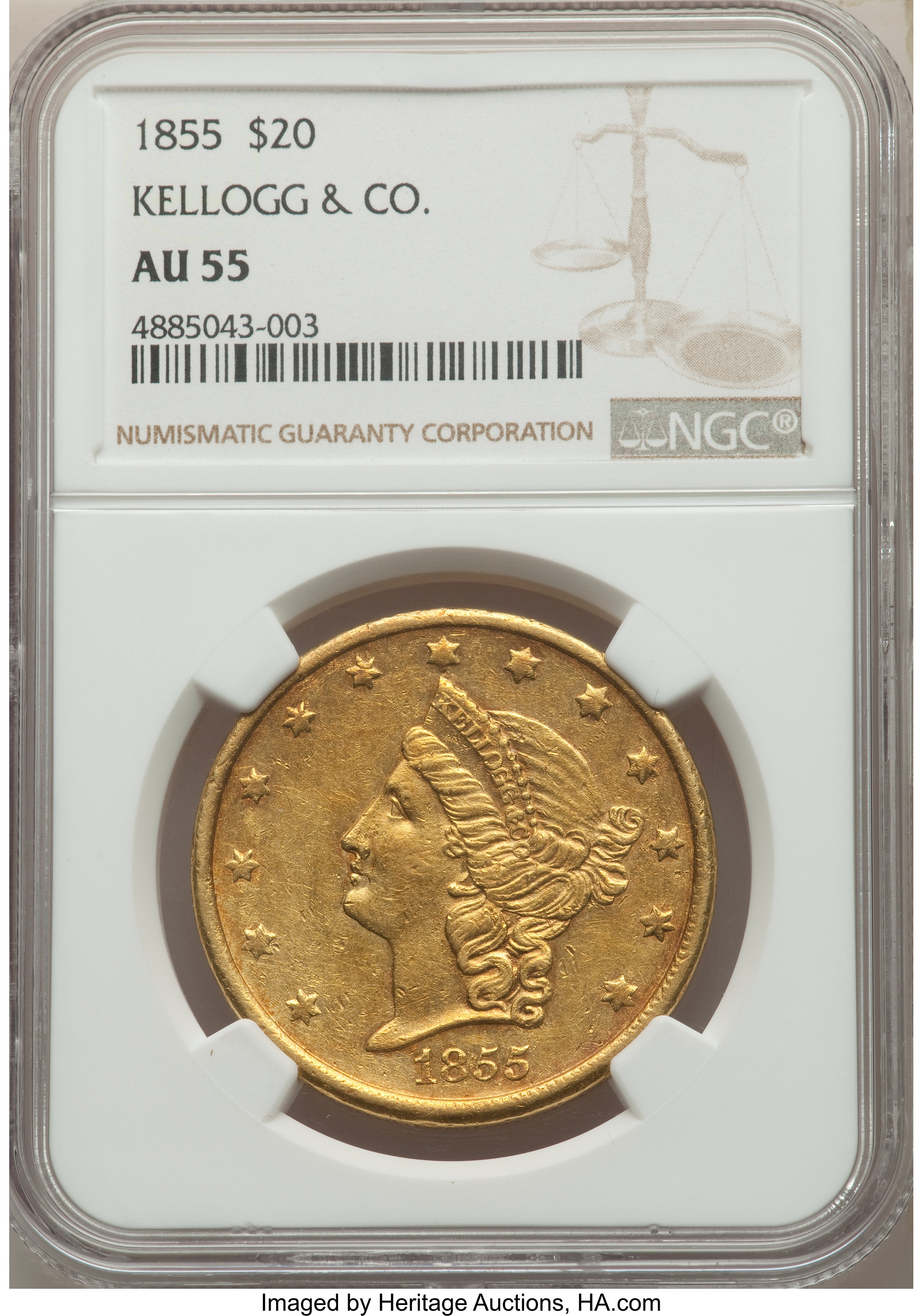 image for: 1855 $20 Kellogg & Co. Twenty Dollar AU55 NGC. K-3b, R.5....