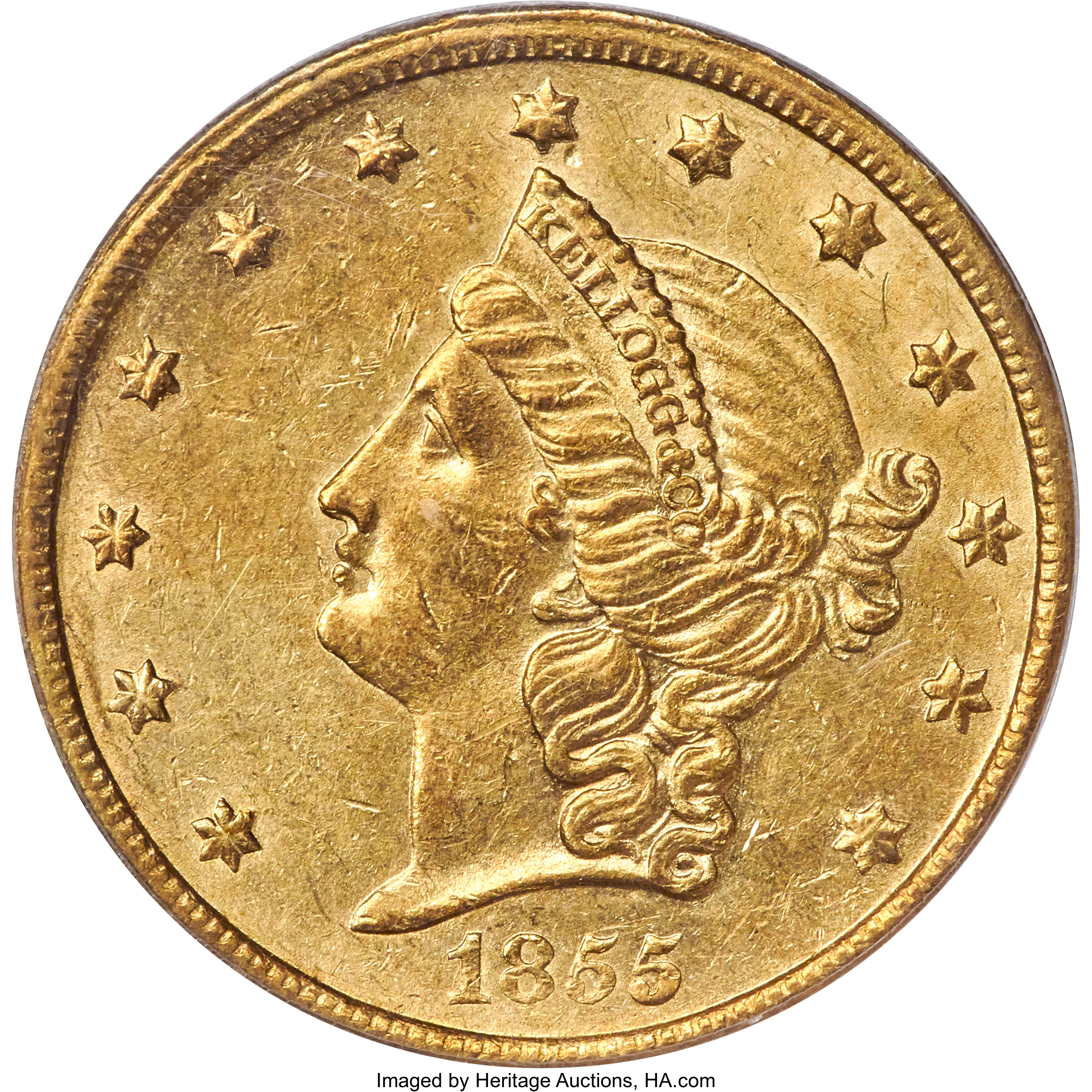 image for: 1855 $20 Kellogg & Co. Twenty Dollar AU55 PCGS. K-3b, R.5....