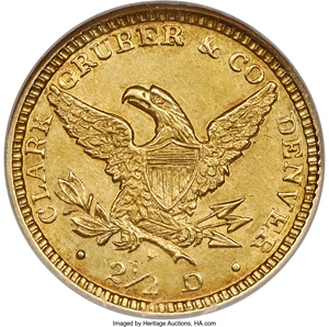image for: 1861 $2 1/2 Clark, Gruber & Co. Quarter Eagle MS61 NGC. K-5, R.4....