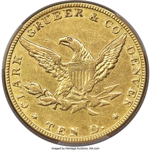 image for: 1861 $10 Clark, Gruber & Co. Ten Dollar AU53 PCGS. K-7, R.4....