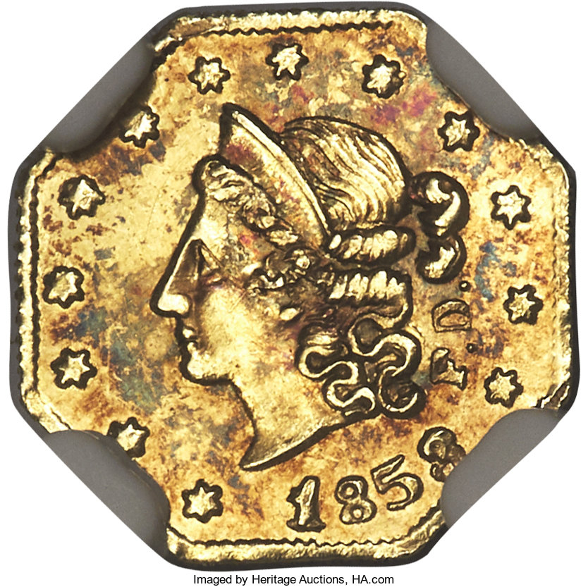 image for: 1853 50C Octagonal Liberty, Peacock Reverse, 50 Cents, BG-302, Low R.4, MS62 NGC....