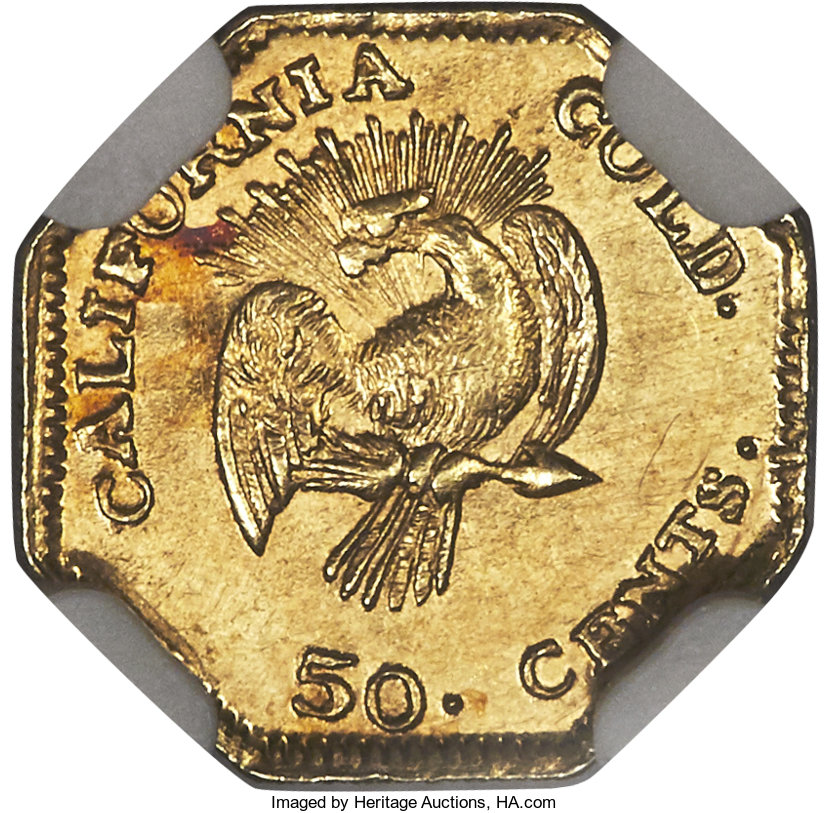 image for: 1853 50C Octagonal Liberty, Peacock Reverse, 50 Cents, BG-302, Low R.4, MS62 NGC....